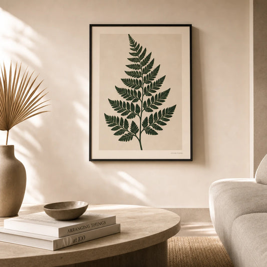 Oversized Fern Frond Poster — Oversized fern frond vertical deep forest green intricate, lifestyle in interior, Atelier Poster