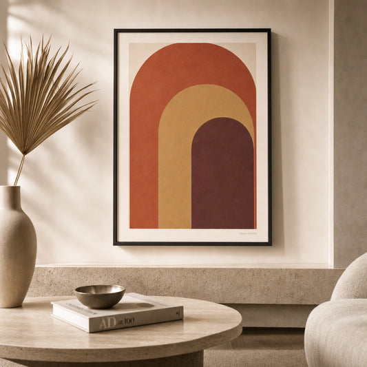 Oversized Geometric Arches Poster — Oversized three overlapping arches terracotta ochre burgundy, lifestyle in interior, Atelier Poster