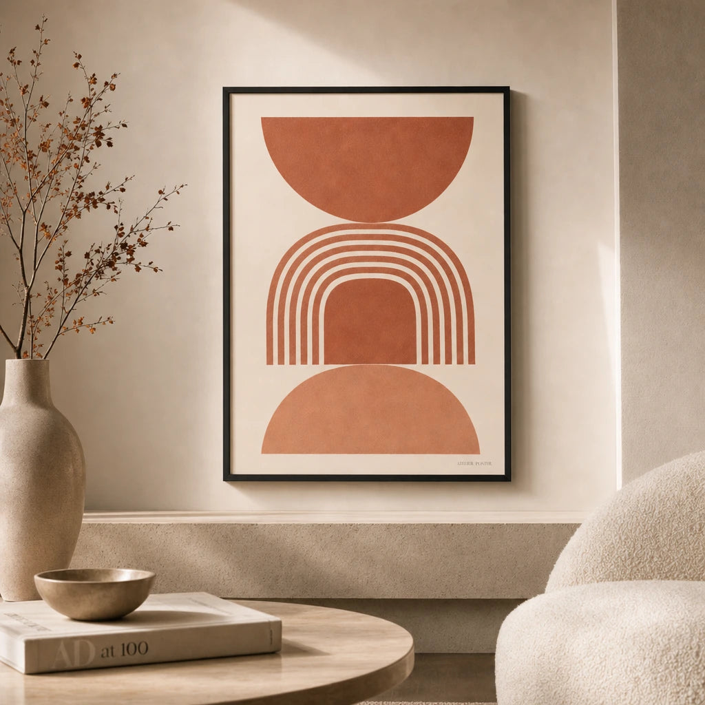 All Terracotta Tonal Three Gallery Poster — Three-print all-terracotta tonal monochromatic graduated set, lifestyle in interior, Atelier Poster