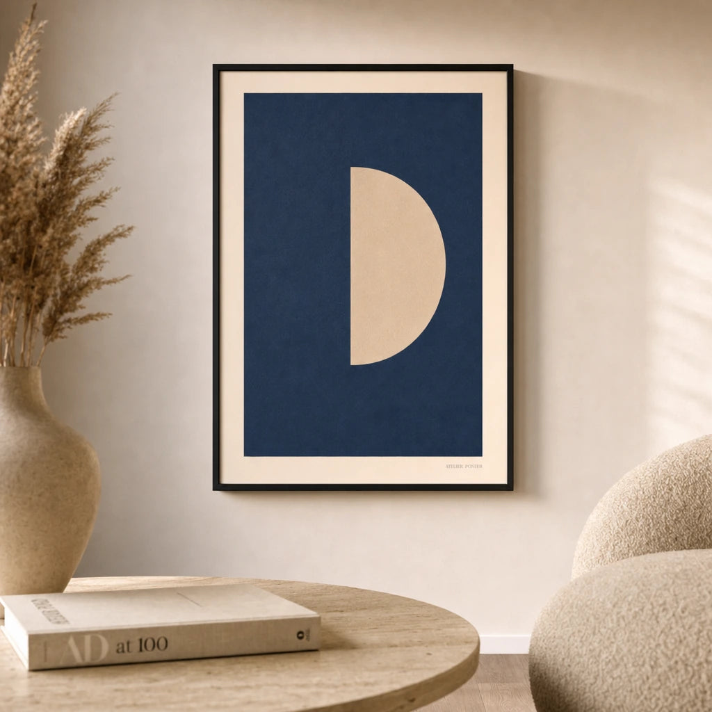 Deep Navy Moon Poster — Cream half-moon on deep navy moody nocturne minimalist, lifestyle in interior, Atelier Poster