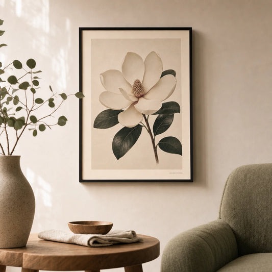 Magnolia Bloom Poster — Single magnolia bloom in cream white and subtle blush, lifestyle in interior, Atelier Poster