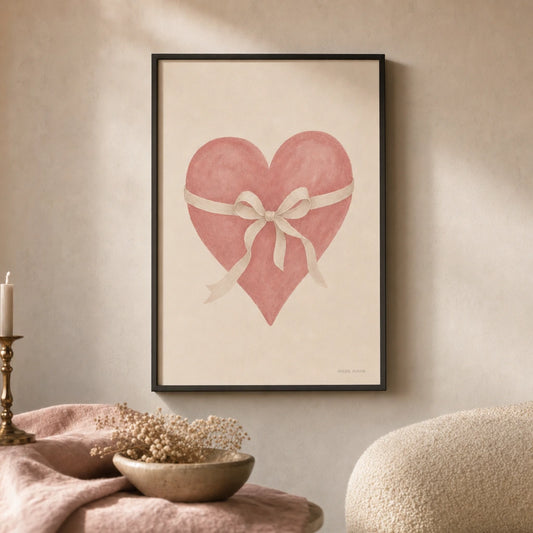 Soft Girl Ribbon Heart Poster — Pink heart wrapped in cream ribbon soft girl aesthetic, lifestyle in interior, Atelier Poster
