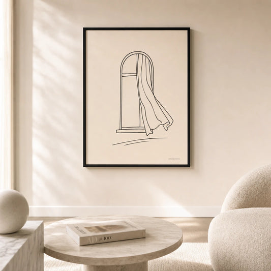 Window Frame Light Poster — Single-line arched window with curtain blowing inward, lifestyle in interior, Atelier Poster