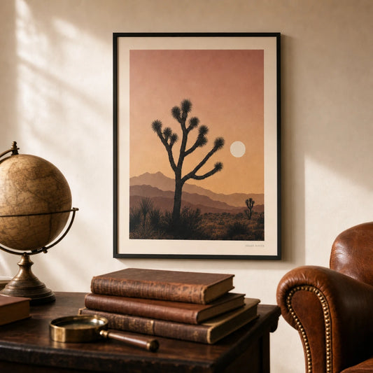 Joshua Tree Desert Poster — Joshua Tree silhouettes against pink-ochre desert sunset, lifestyle in interior, Atelier Poster