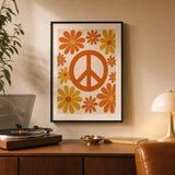 Peace Sign Daisies 60s Poster — Peace sign with daisies 1960s flower power orange and yellow, lifestyle in interior, Atelier Poster
