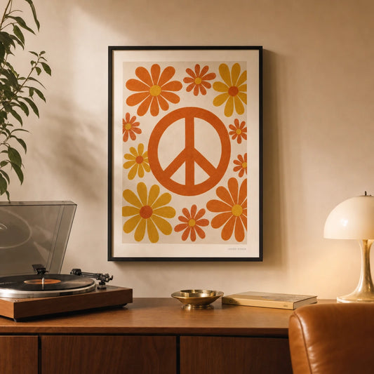 Peace Sign Daisies 60s Poster — Peace sign with daisies 1960s flower power orange and yellow, lifestyle in interior, Atelier Poster