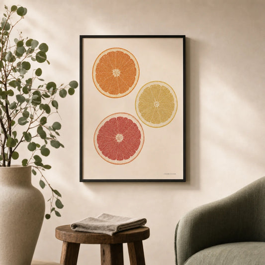 Citrus Slice Trio Poster — Three citrus cross-sections in warm orange, yellow, blush, lifestyle in interior, Atelier Poster