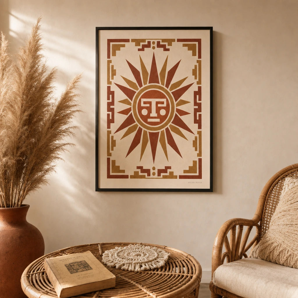 Aztec Geometric Sun Poster — Aztec-inspired geometric sun motif in terracotta and ochre, lifestyle in interior, Atelier Poster