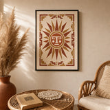 Aztec Geometric Sun Poster — Aztec-inspired geometric sun motif in terracotta and ochre, lifestyle in interior, Atelier Poster