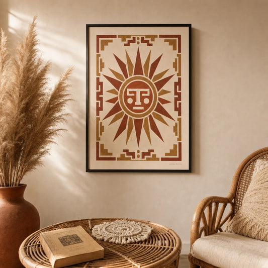 Aztec Geometric Sun Poster — Aztec-inspired geometric sun motif in terracotta and ochre, lifestyle in interior, Atelier Poster