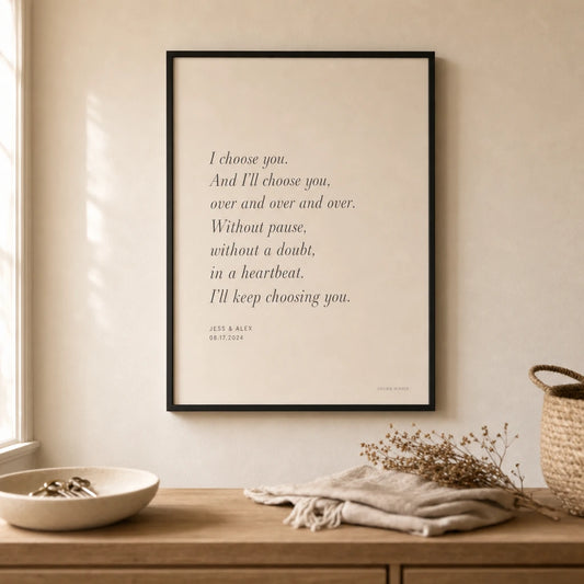 Wedding Vows Excerpt Poster — Personalized wedding vows excerpt elegant serif italic, lifestyle in interior, Atelier Poster