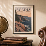 Acadia Maine Coast Poster — 1940s Acadia Maine pink granite cliffs and dark spruce, lifestyle in interior, Atelier Poster