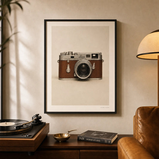 Vintage Camera Leica Poster — Vintage Leica camera warm chrome and brown leather grip, lifestyle in interior, Atelier Poster