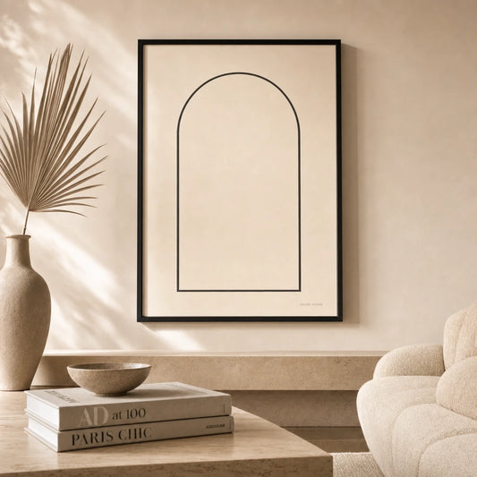 Oversized Roman Arch Poster — Oversized Roman archway continuous black line architectural, lifestyle in interior, Atelier Poster