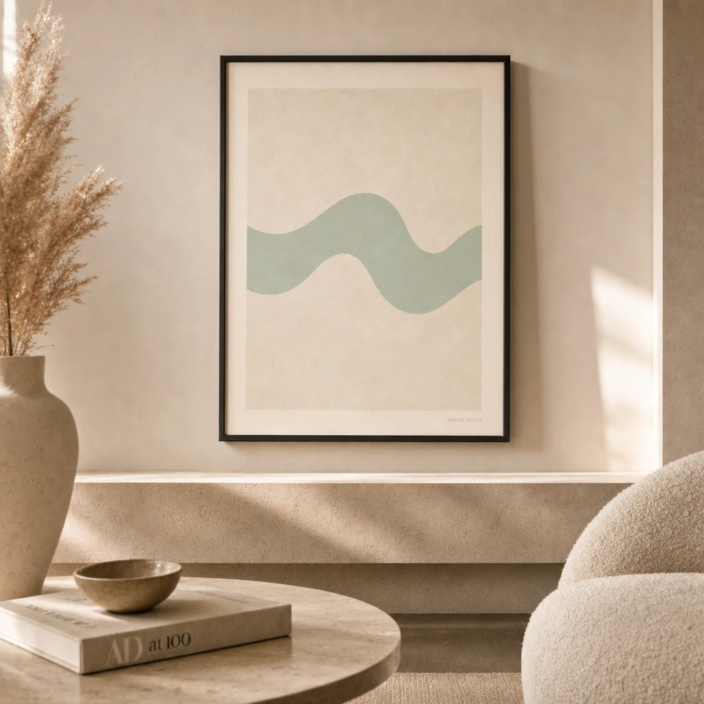 Mint Wave Soft Poster — Single pale mint wave on warm cream soft organic abstract, lifestyle in interior, Atelier Poster