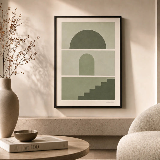 All Sage Tonal Three Gallery Poster — Three-print all-sage tonal monochromatic graduated calm set, lifestyle in interior, Atelier Poster