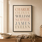 Sibling Names Custom Poster — Personalized sibling names elegant serif typography keepsake, lifestyle in interior, Atelier Poster