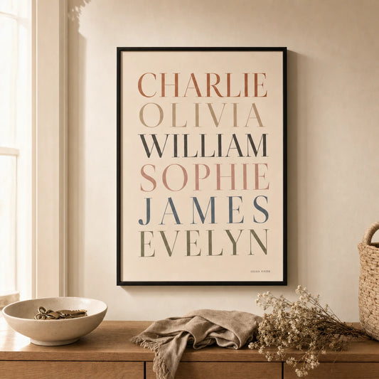 Sibling Names Custom Poster — Personalized sibling names elegant serif typography keepsake, lifestyle in interior, Atelier Poster