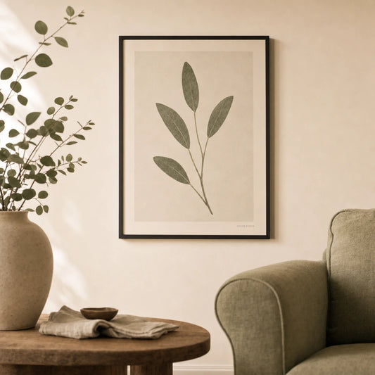 Sage Branch Solo Poster — Single sage branch with five leaves in muted sage green, lifestyle in interior, Atelier Poster
