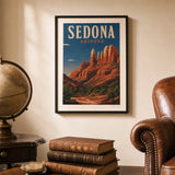 Sedona Red Rocks Poster — 1940s Sedona red rock mesas in terracotta on deep blue, lifestyle in interior, Atelier Poster