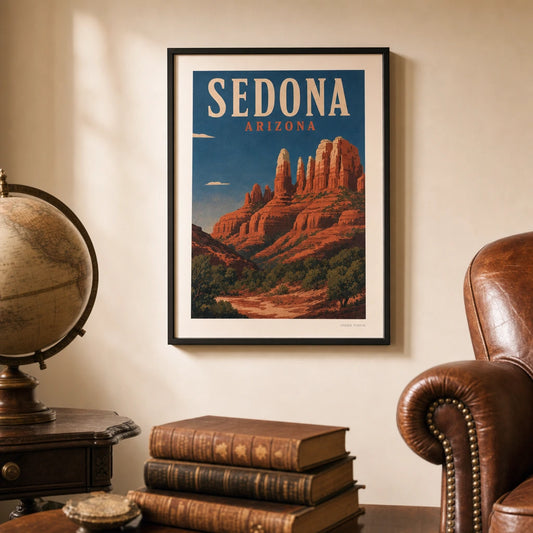 Sedona Red Rocks Poster — 1940s Sedona red rock mesas in terracotta on deep blue, lifestyle in interior, Atelier Poster