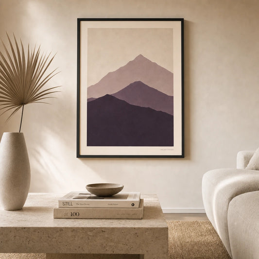 Oversized Mountain Range Poster — Oversized three-peak mountain range graduated purple, lifestyle in interior, Atelier Poster