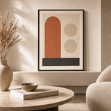 Ochre Arch Composition Poster — Ochre arch with cream circles Bauhaus earth-tone geometric, lifestyle in interior, Atelier Poster