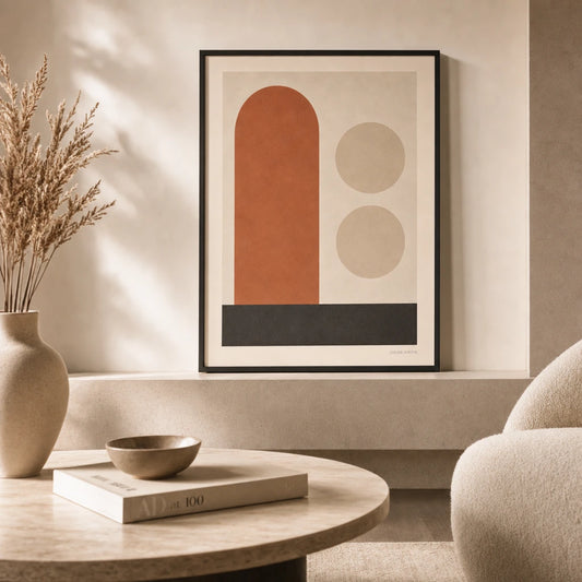 Ochre Arch Composition Poster — Ochre arch with cream circles Bauhaus earth-tone geometric, lifestyle in interior, Atelier Poster