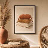 Bohemian Floor Pillow Poster — Three stacked bohemian floor pillows with tassel corners, lifestyle in interior, Atelier Poster