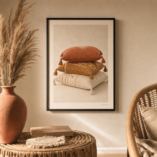 Bohemian Floor Pillow Poster — Three stacked bohemian floor pillows with tassel corners, lifestyle in interior, Atelier Poster