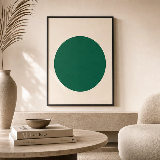 Oversized Single Circle Bold Poster — Oversized single emerald green circle bold statement, lifestyle in interior, Atelier Poster