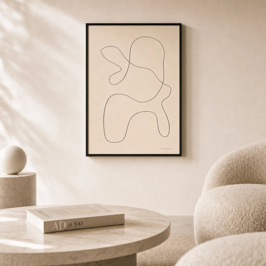 Abstract Curve Composition Poster — Continuous-line abstract organic curve composition in thin black ink, lifestyle in interior, Atelier Poster