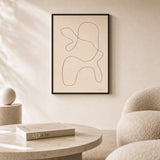Abstract Curve Composition Poster — Continuous-line abstract organic curve composition in thin black ink, lifestyle in interior, Atelier Poster