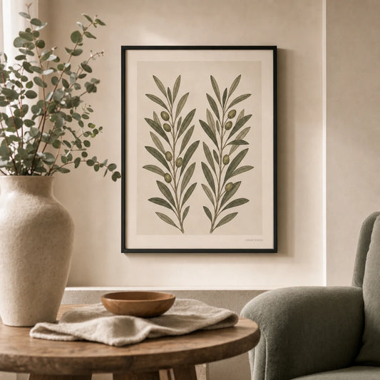 Olive Branch Twin Poster — Two hand-drawn olive branches in muted sage and olive, lifestyle in interior, Atelier Poster