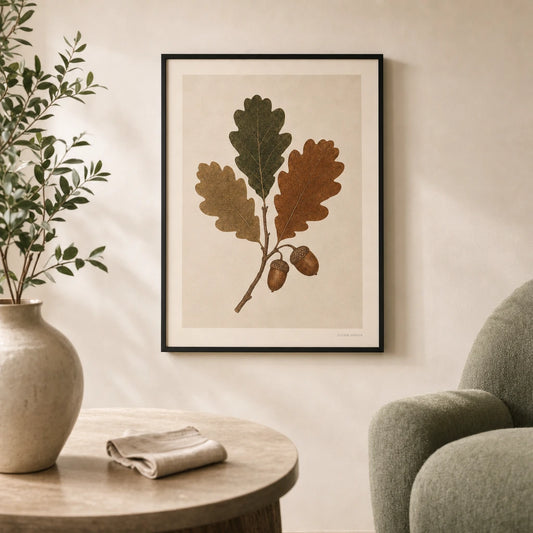 Acorn Oak Branch Poster — Oak branch with three leaves and two acorns in warm umber, lifestyle in interior, Atelier Poster