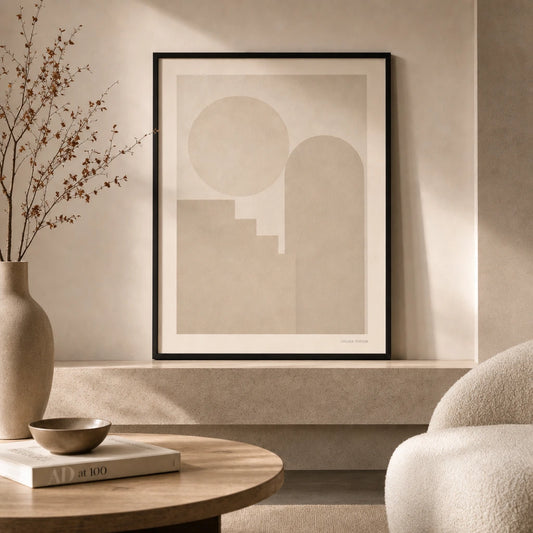 All Cream Tonal Three Gallery Poster — Three-print all-cream tonal serene graduated neutral set, lifestyle in interior, Atelier Poster