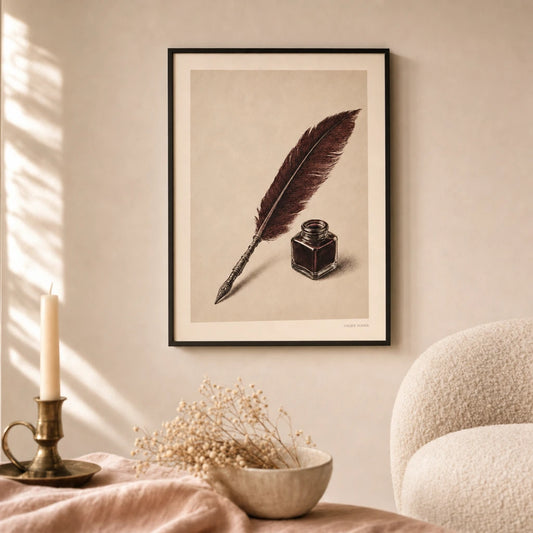 Dark Academia Quill Ink Poster — Feather quill and ink pot burgundy dark academia, lifestyle in interior, Atelier Poster