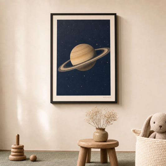 Solar System Saturn Detail Poster — Single oversized Saturn with rings on deep navy sky, lifestyle in interior, Atelier Poster