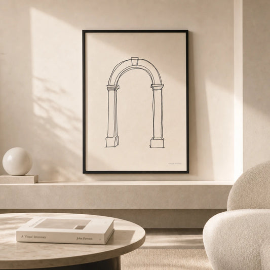 Architectural Arch Line Poster — Single-line Roman archway sketch in black on cream, lifestyle in interior, Atelier Poster