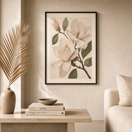 Oversized Magnolia Branch Poster — Oversized magnolia branch cream blush blooms classical, lifestyle in interior, Atelier Poster
