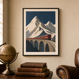 Swiss Alps Mountain Railway Poster — 1920s Swiss Alps with vintage red train on viaduct, lifestyle in interior, Atelier Poster