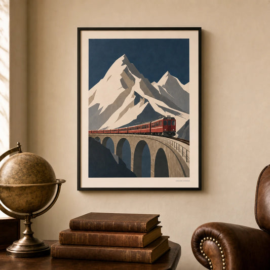 Swiss Alps Mountain Railway Poster — 1920s Swiss Alps with vintage red train on viaduct, lifestyle in interior, Atelier Poster