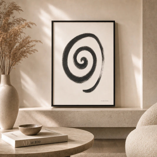 Charcoal Spiral White Poster — Single charcoal spiral on pure white calligraphic minimal, lifestyle in interior, Atelier Poster