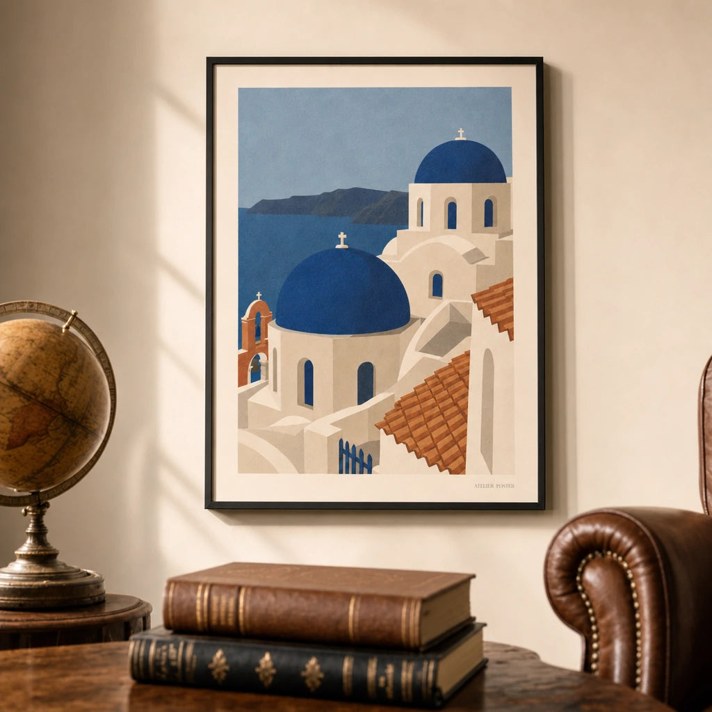 Greek Islands Santorini Poster — Mid-century Santorini blue domes on deep Aegean blue, lifestyle in interior, Atelier Poster