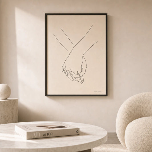 Embracing Hands Poster — Continuous-line two clasped hands in gentle embrace, lifestyle in interior, Atelier Poster