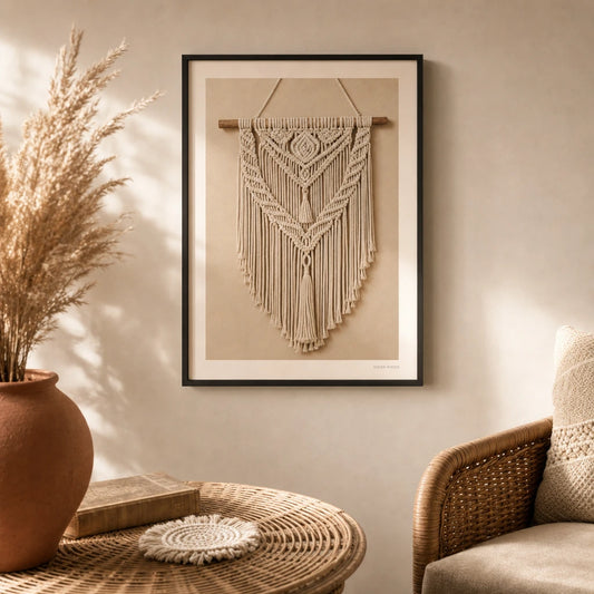 Macrame Wall Hanging Poster — Bohemian knotted cotton macrame wall hanging illustration, lifestyle in interior, Atelier Poster