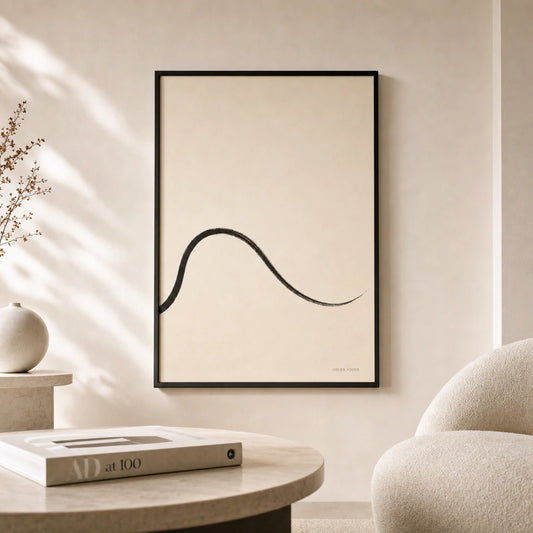 Flowing Wave Curve Poster — Continuous-line flowing wave curve in thin black ink, lifestyle in interior, Atelier Poster