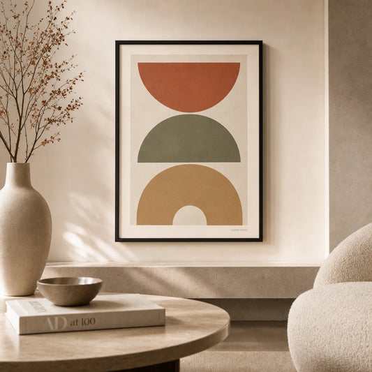 Earth Tone Trio Gallery Poster — Three coordinated earth-tone trio gallery set matching, lifestyle in interior, Atelier Poster