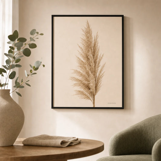Pampas Grass Poster — Tall pampas grass plume in soft beige and warm cream, lifestyle in interior, Atelier Poster