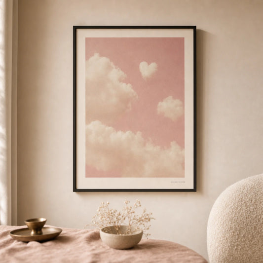 Soft Girl Cloud Dreams Poster — Pink sky cream clouds heart-shaped soft girl aesthetic, lifestyle in interior, Atelier Poster